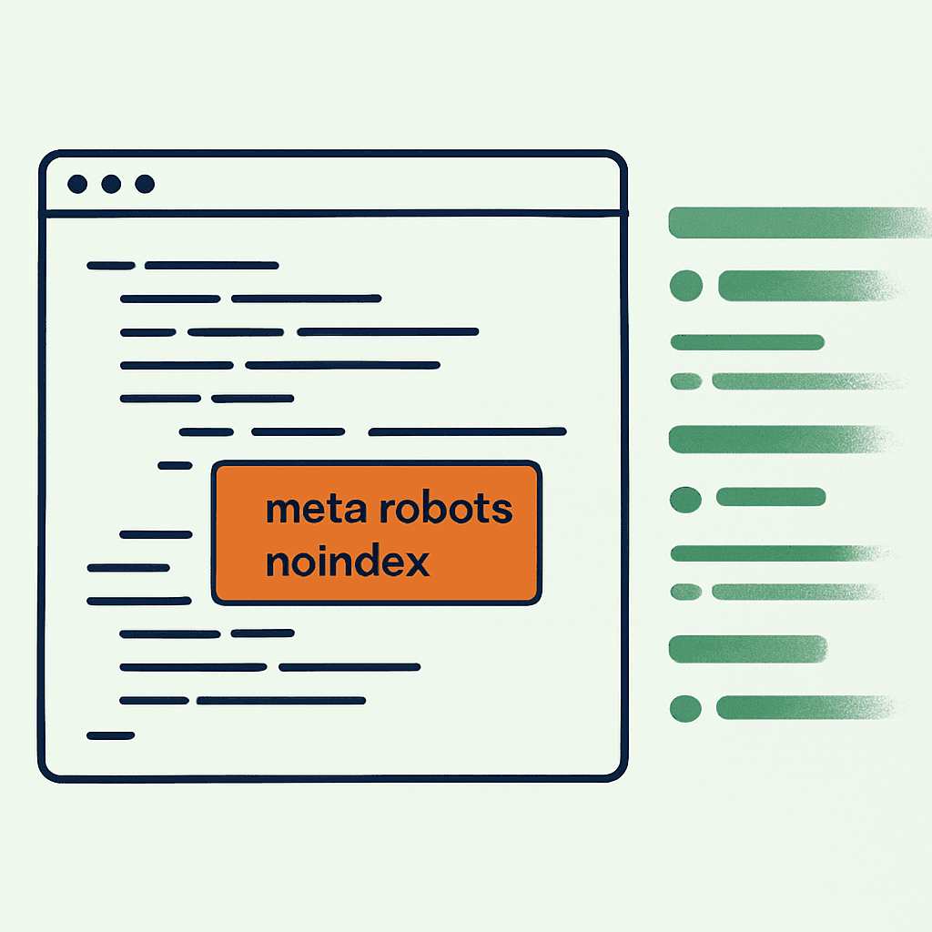 A browser window with a small noindex robots tag highlighted in orange, wiping search result rows off a ranking panel
