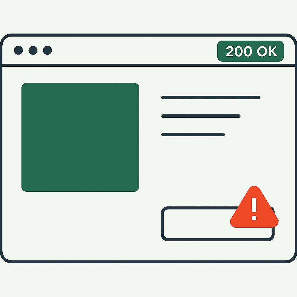 A product page rendered in a browser with a green uptime badge, while the add-to-cart button is missing and the price field is blank