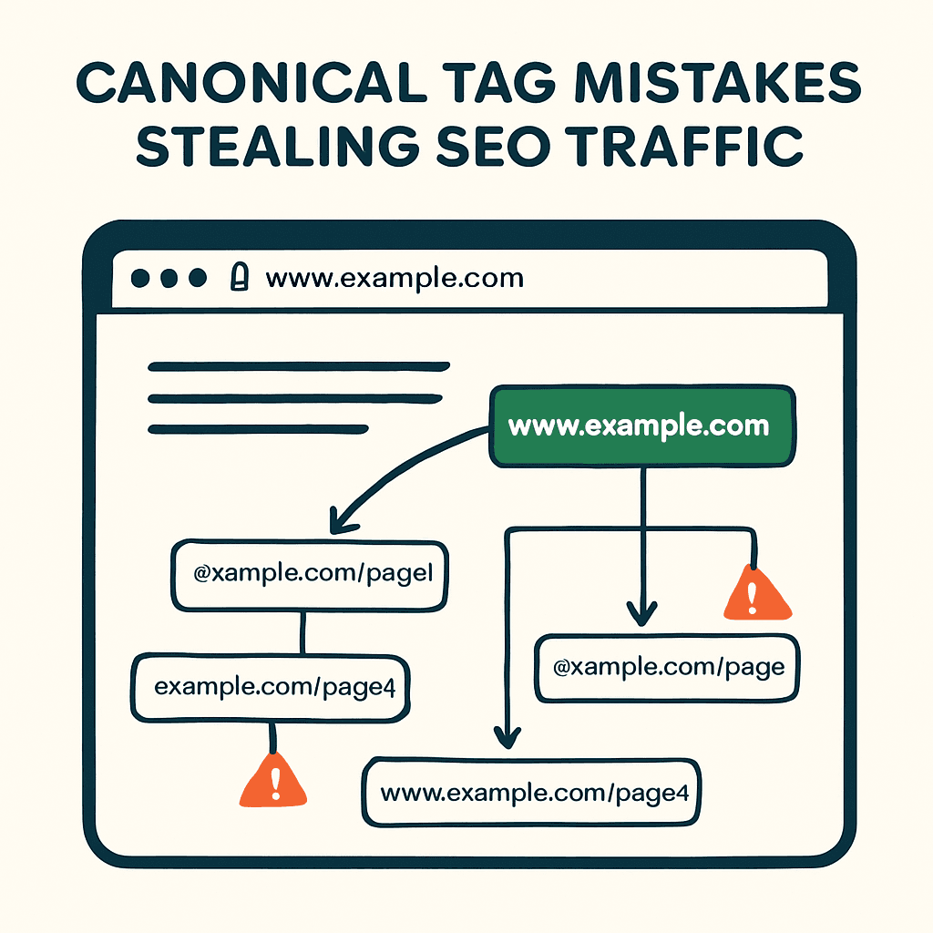 Diagram showing how mismatched canonical tags silently redirect search authority away from live pages