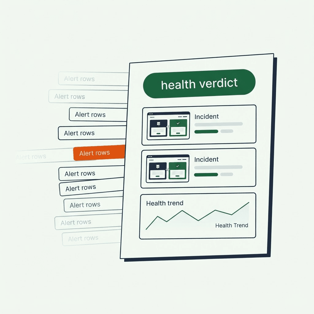 A one-page client site health report with a green health verdict, incident cards, and before/after screenshots, next to a raw alert stream being filtered out