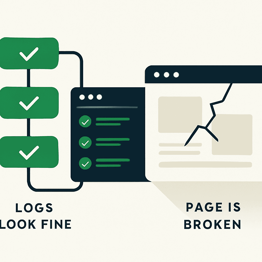 A CI/CD pipeline with green checkmarks and clean logs beside a browser rendering a visibly broken page
