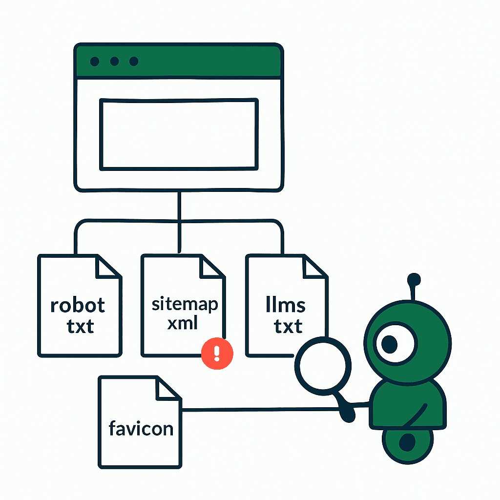 A browser linked to robots.txt, sitemap.xml, llms.txt, and favicon files, with a crawler bot inspecting them and one file flagged with an orange alert