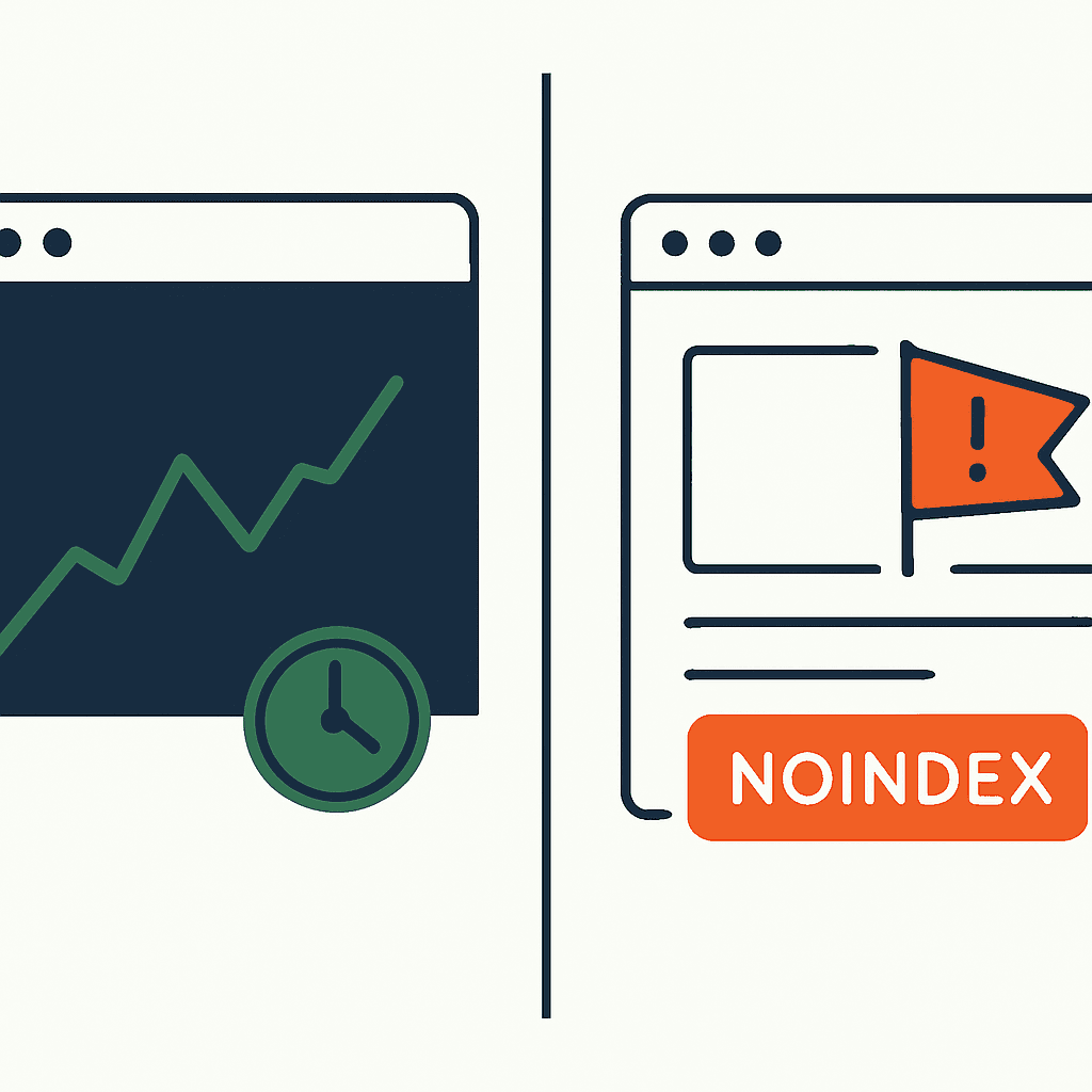 A split panel: a slow Google Search Console trend chart on one side, an instant production check flagging a noindex tag on the other