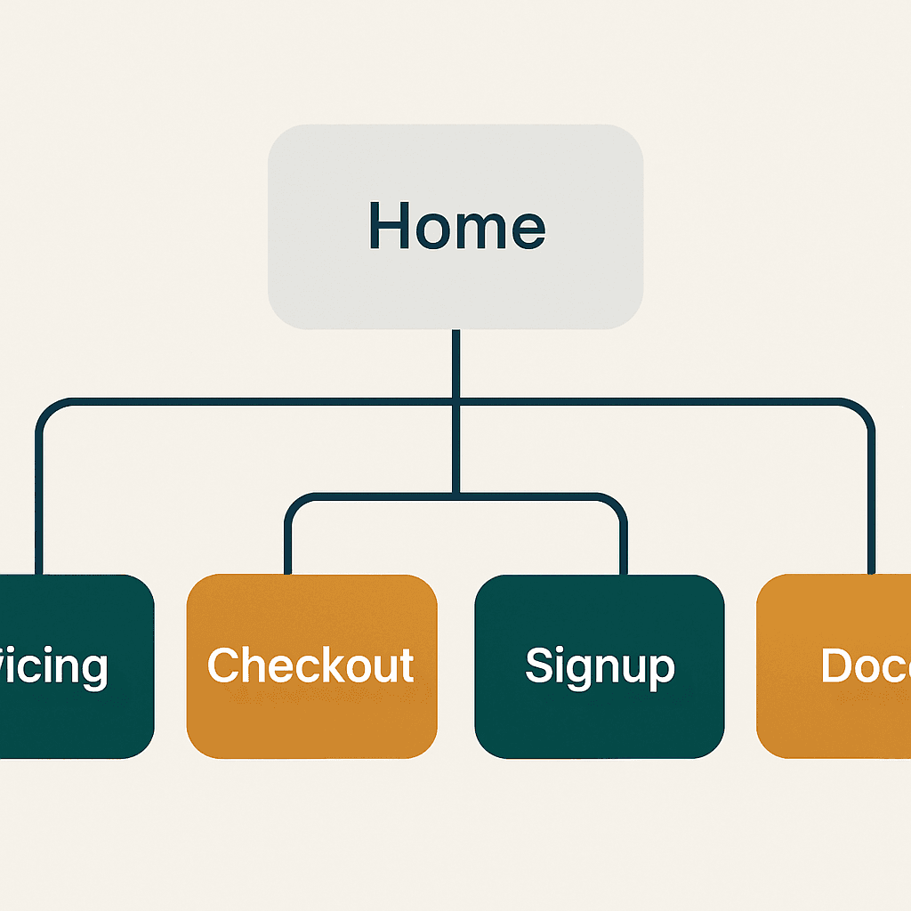 A sitemap diagram showing the homepage connected to business-critical pages like pricing, checkout, signup, and docs