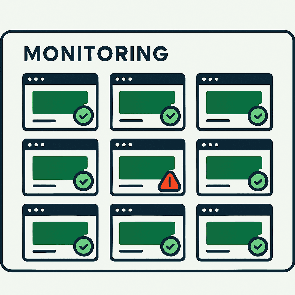 An agency monitoring dashboard showing a grid of client sites, with one tile flagged by a rendered-page alert while uptime stays green