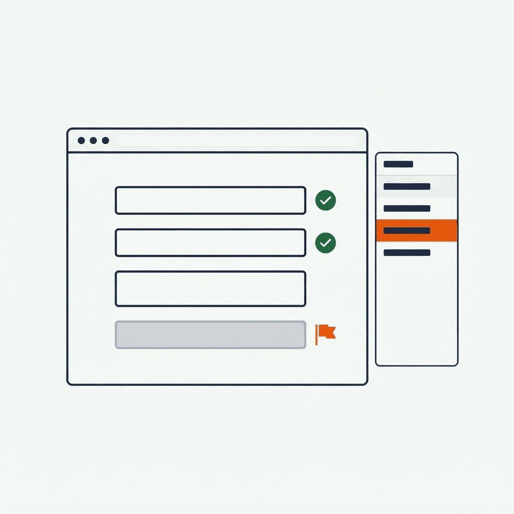 Editorial illustration of a browser window showing a contact form with green checkmarks beside the name and email fields and an orange alert flag on a disabled submit button, with a small network request panel beside it