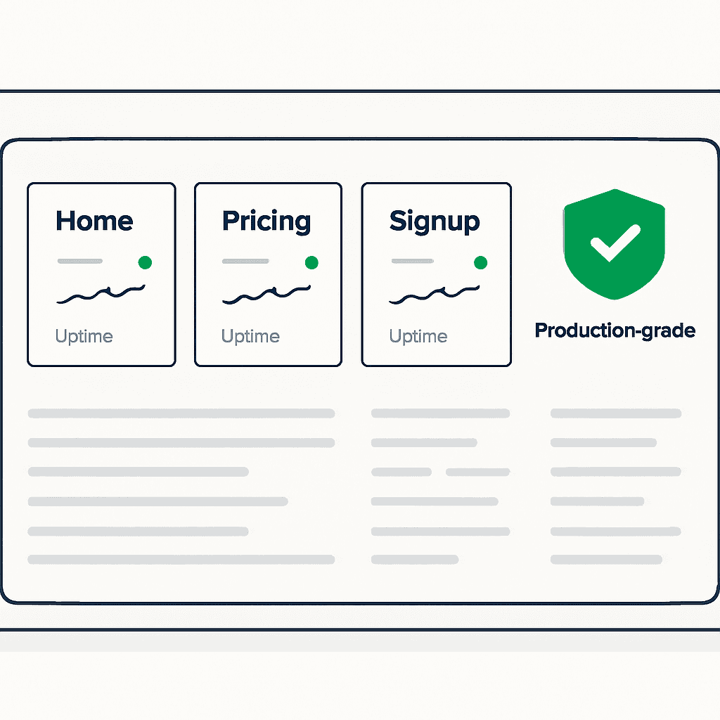 A monitoring dashboard prioritizing critical pages — home, pricing, signup — with uptime charts and a production-grade health shield
