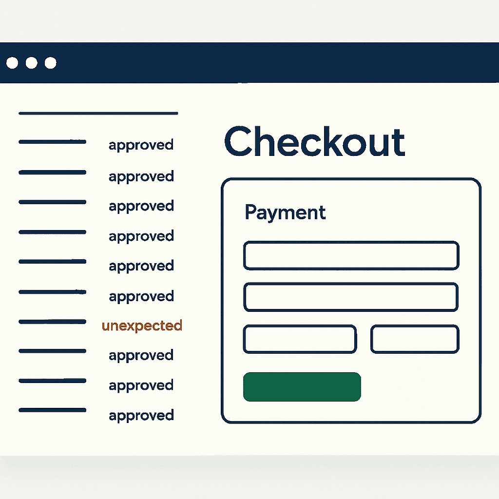 A browser checkout page with a payment iframe surrounded by a script-inventory table showing approved and unexpected scripts