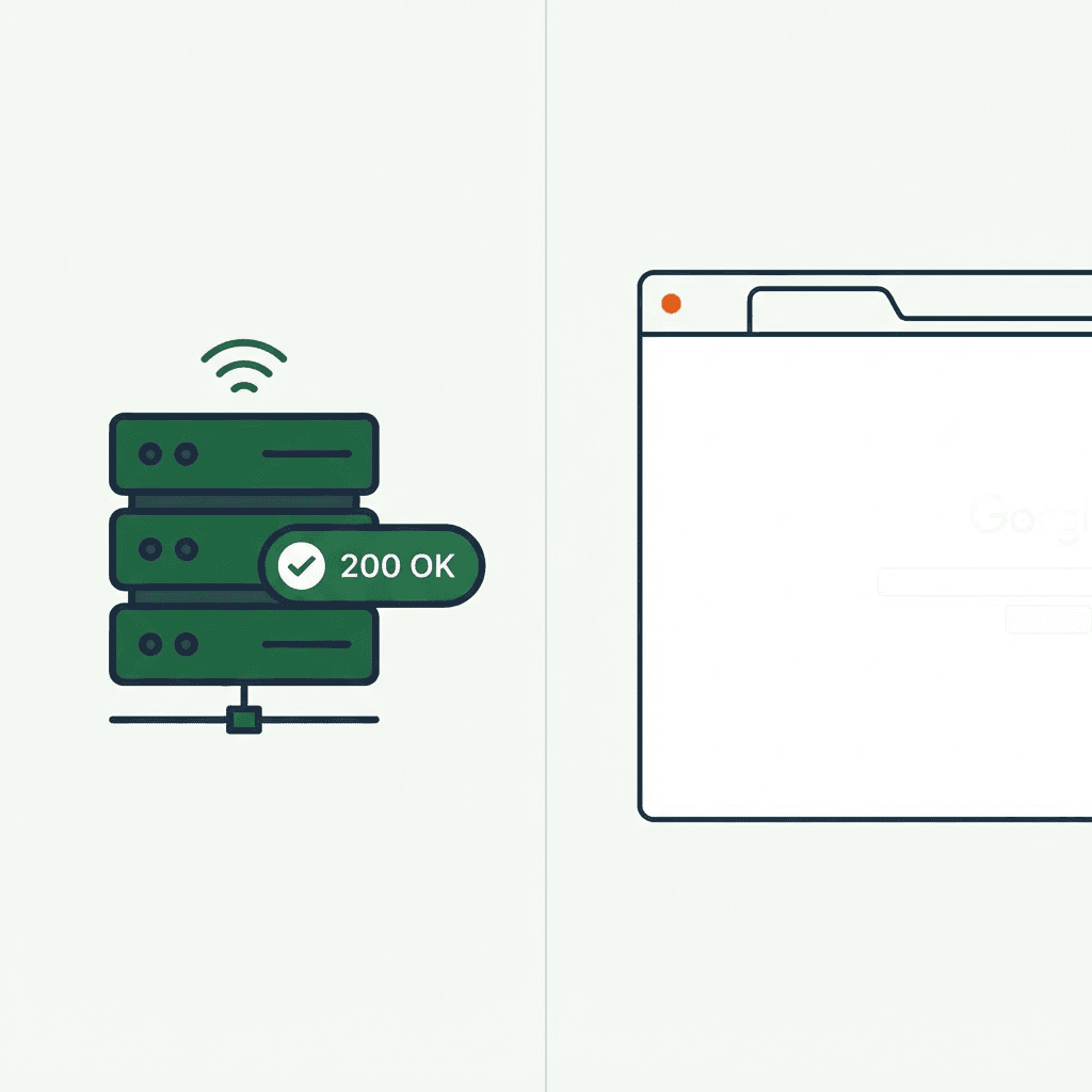 Split diagram comparing an uptime check returning 200 OK against a real browser render showing a blank page with a missing add-to-cart button