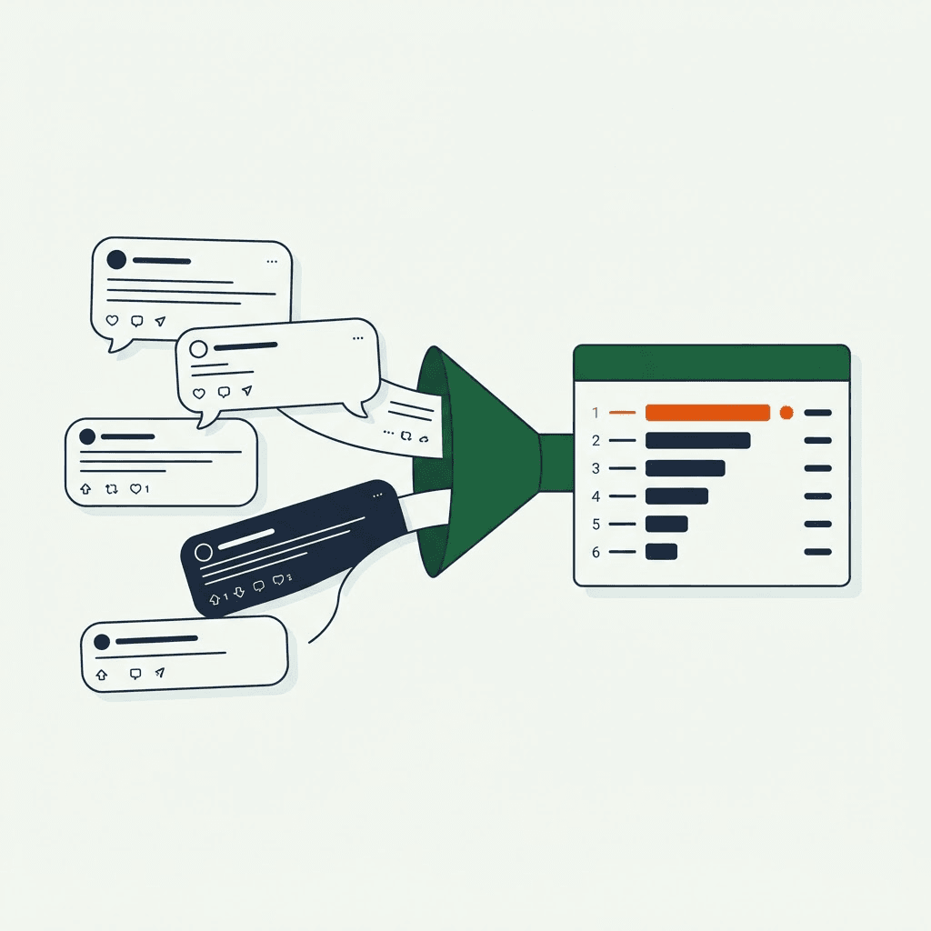 Reddit conversation threads flowing through a filter into a dashboard that ranks demand signals, with one high-intent signal highlighted in orange