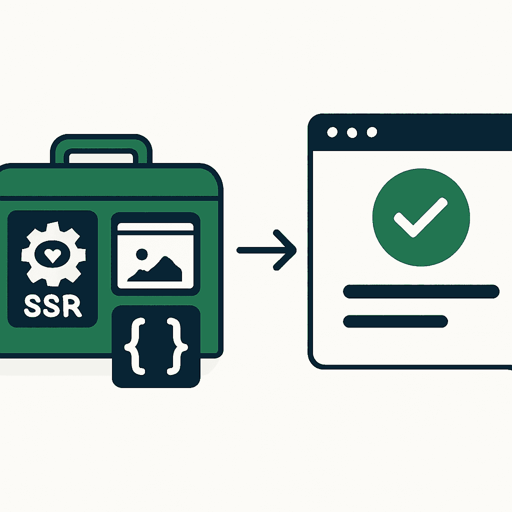 An SEO feature toolbox (SSR, snapshots, structured data) feeding into a live monitoring panel with a green health check
