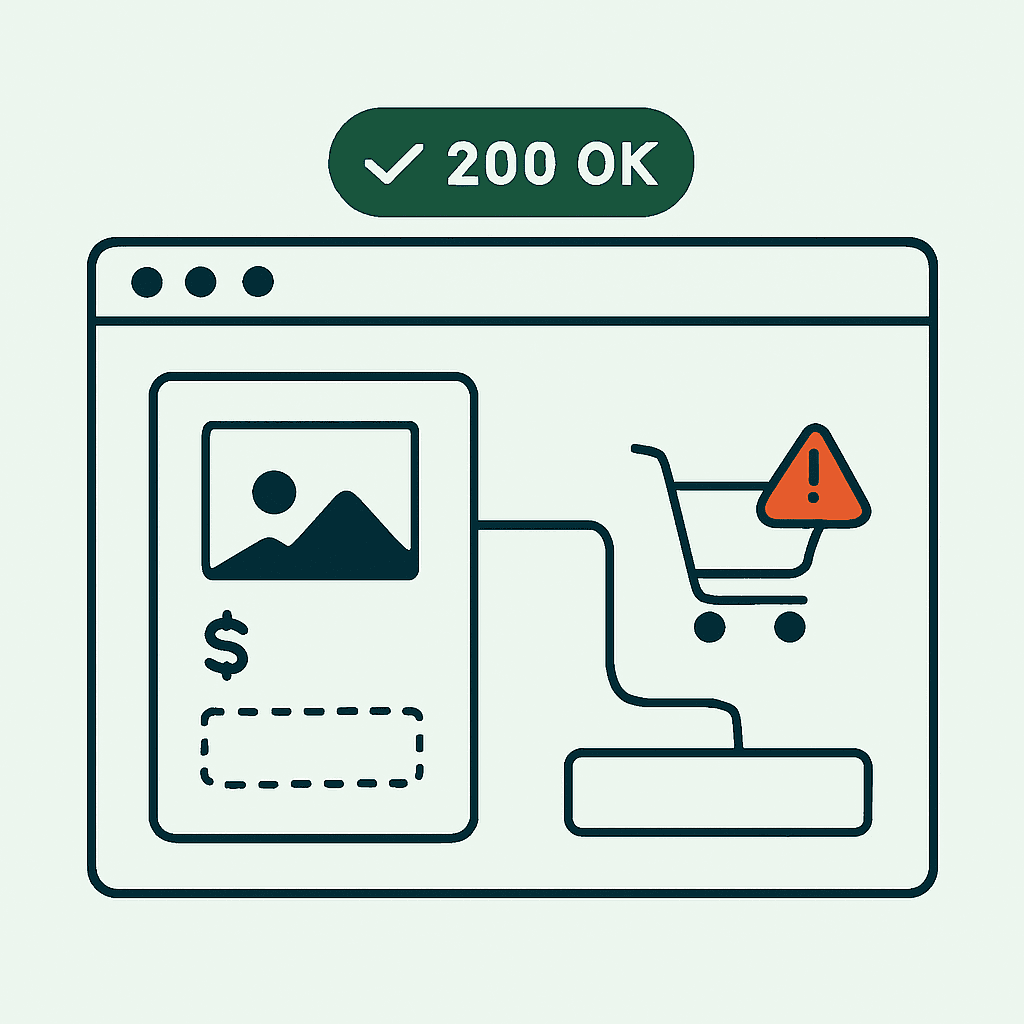 An ecommerce storefront window with a green uptime status while the add-to-cart and checkout path is visibly broken