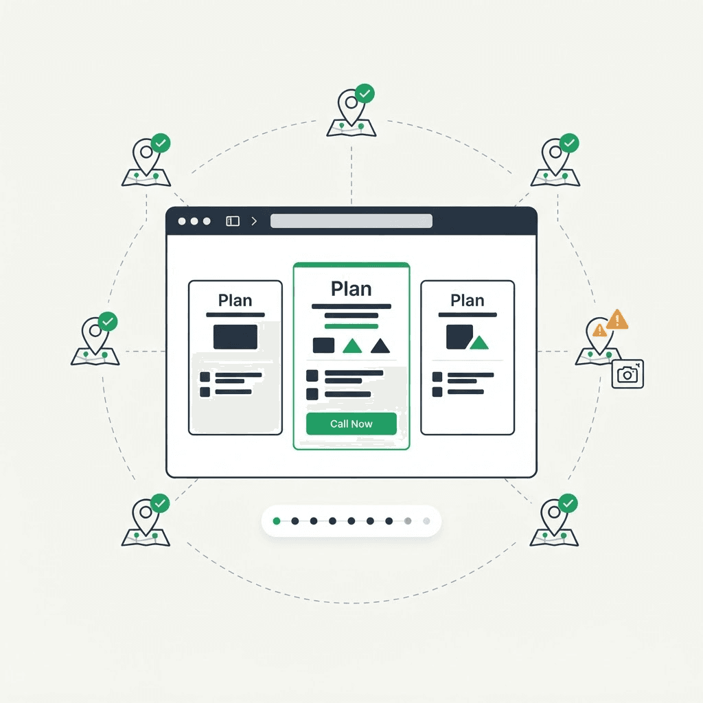 Editorial illustration of a browser showing a pricing page with plan cards and a green CTA, ringed by location markers with green checkmarks running scheduled checks, one marker flagged orange with a screenshot icon for captured failure evidence