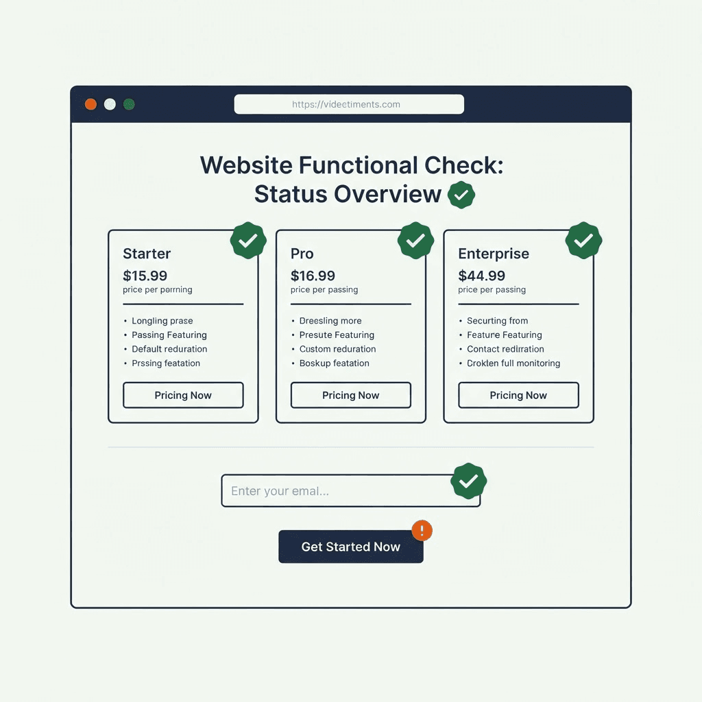 Editorial diagram of a browser page with checkmarks on its heading, pricing cards, and CTA, and an orange alert flag on a disabled button, illustrating functional checks beyond a 200 OK