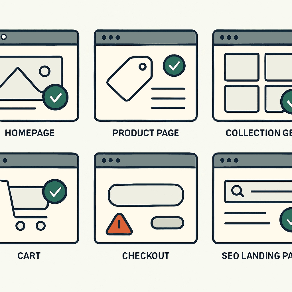 A browser grid showing homepage, product page, cart, and checkout tiles — each with a status indicator showing silent failures beyond a green uptime ping