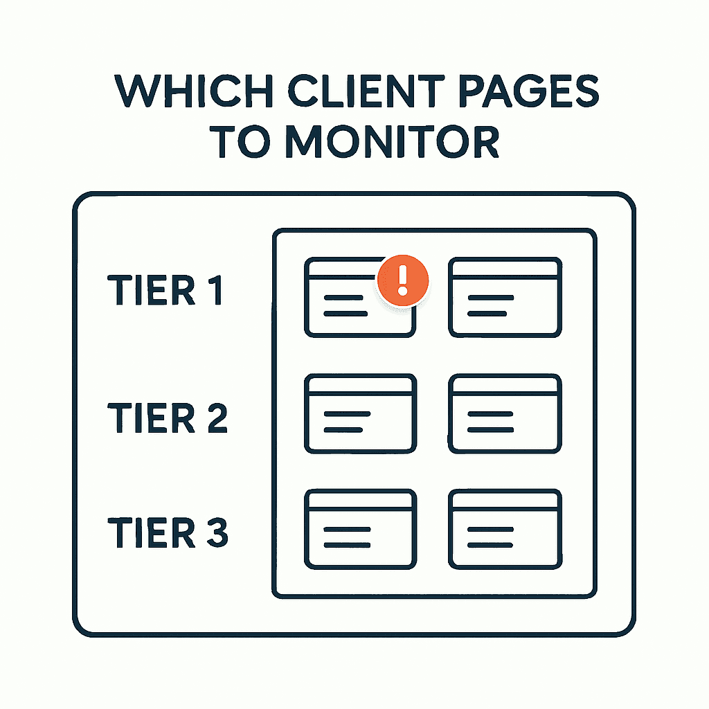 A tiered diagram showing client site pages organized into three coverage tiers, with a monitoring dashboard on the side highlighting revenue pages