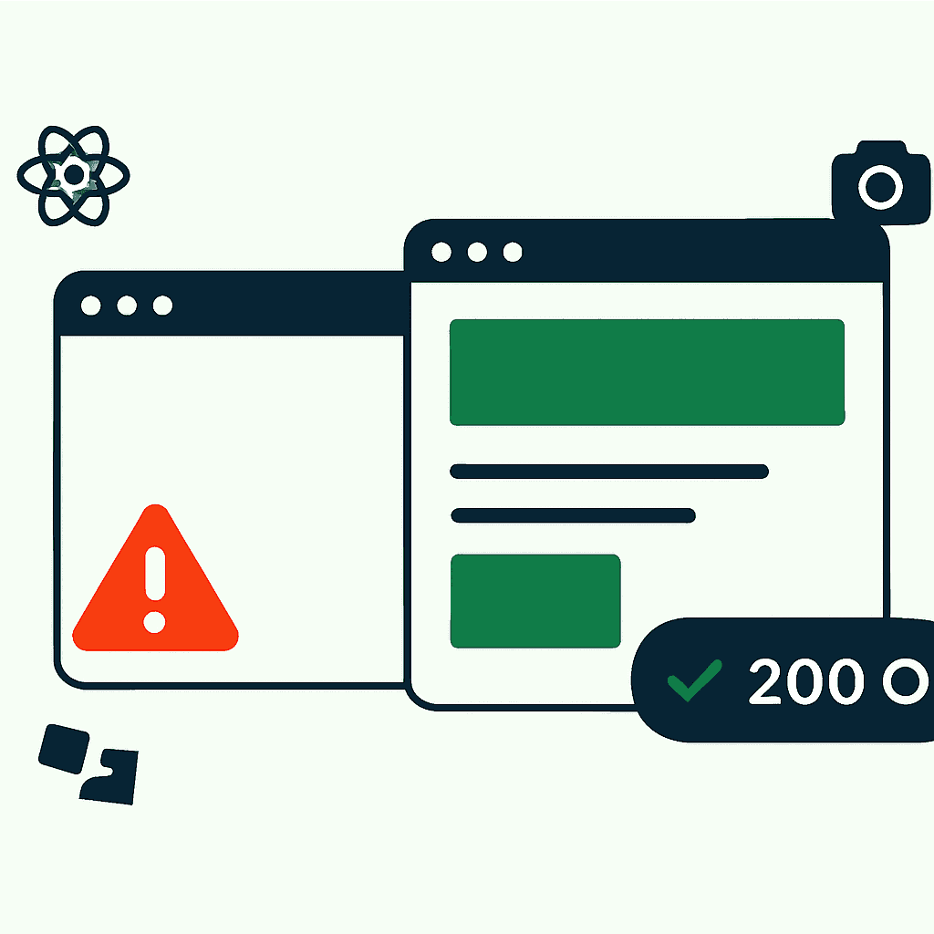 A blank browser window beside a healthy one, while a network badge still reports 200 OK
