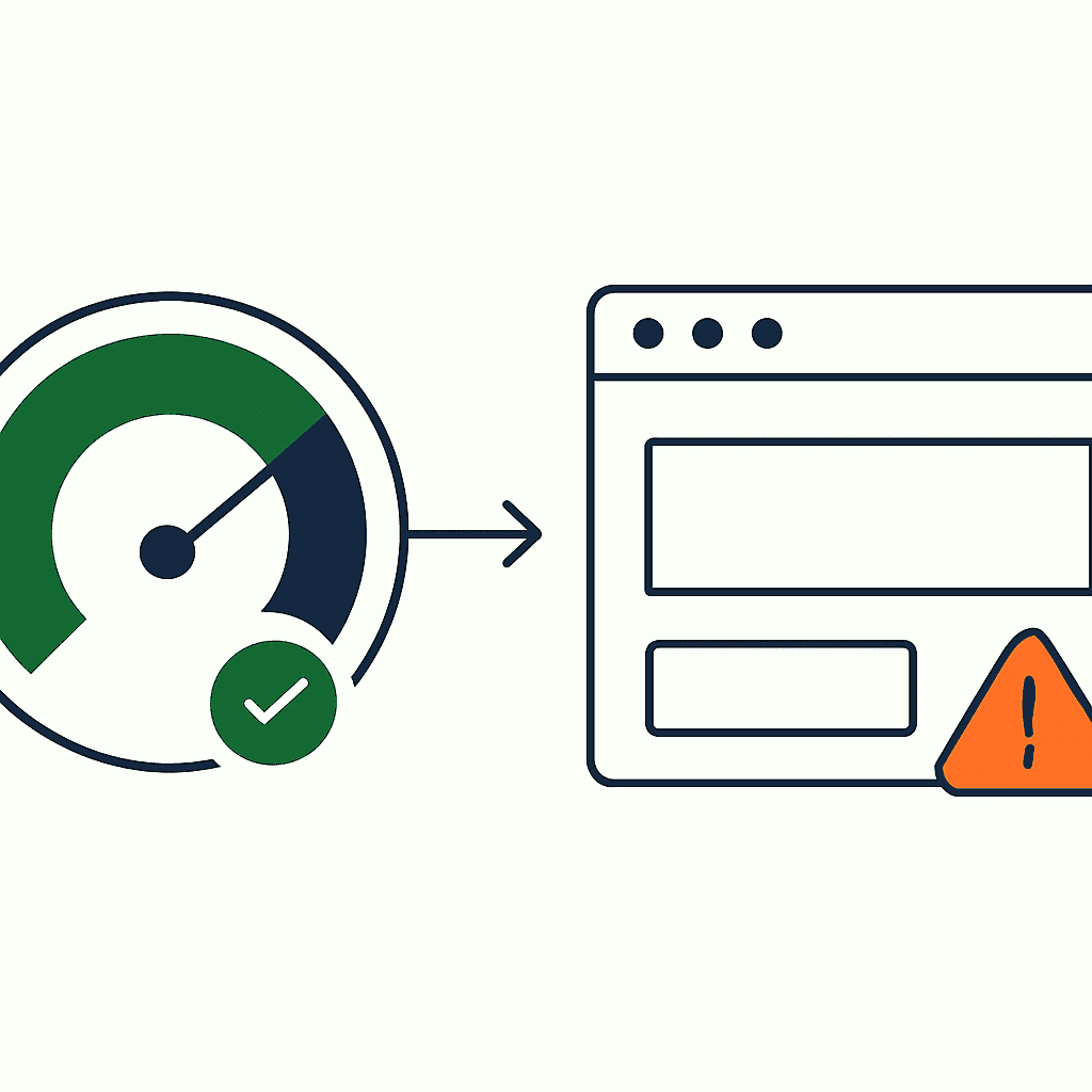 A green Lighthouse score gauge next to a live production page showing a missing CTA and a broken element, connected by a deploy pipeline