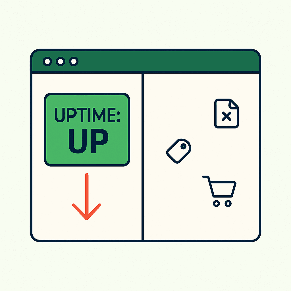 A browser showing a green uptime dashboard while the visible page behind it is blank — server up, page broken