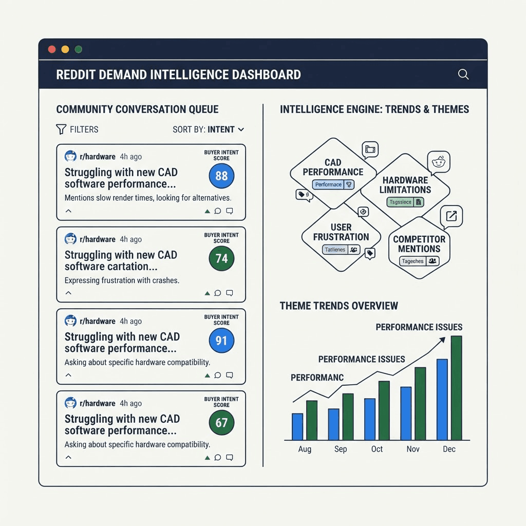 TrackDemand dashboard showing a queue of scored Reddit conversations alongside clustered themes and demand trends