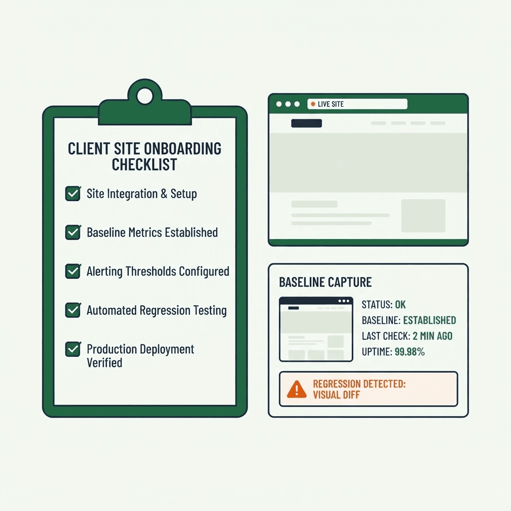 A checklist and clipboard beside a browser window and a small monitoring dashboard capturing a rendered page baseline, with one caught regression highlighted in orange