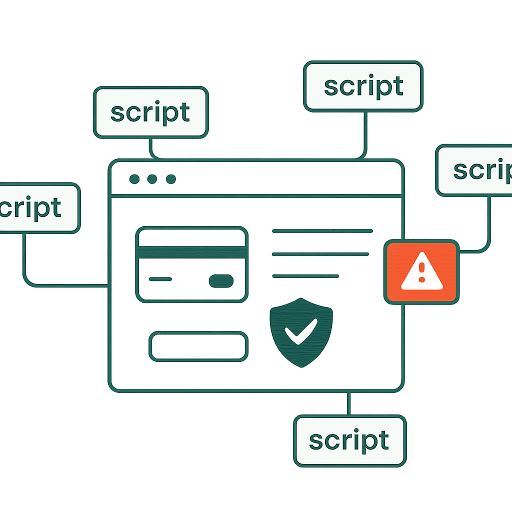 A checkout page diagram showing third-party scripts being inventoried and monitored, with one script flagged as changed.