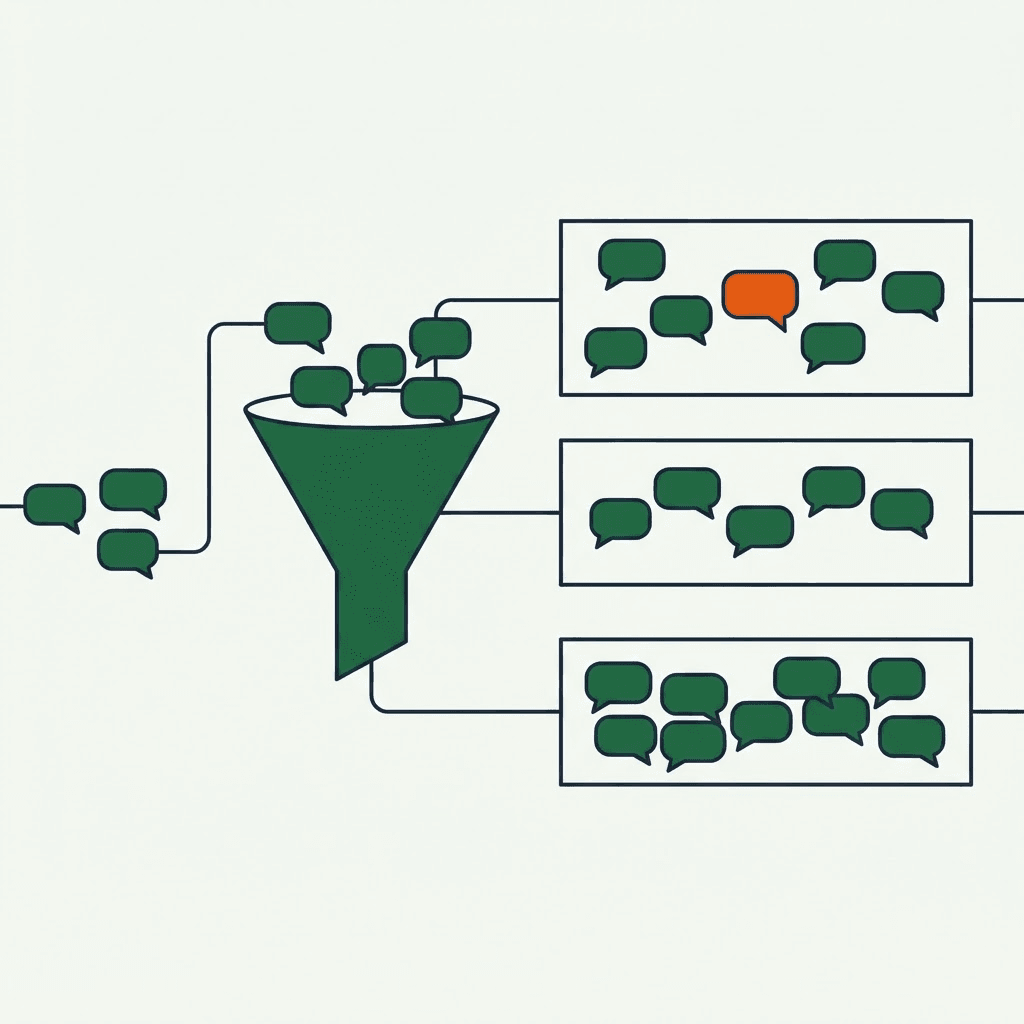Reddit threads passing through an intent classifier that sorts them into high, medium, and low intent buckets, with one high-intent buyer signal highlighted in orange