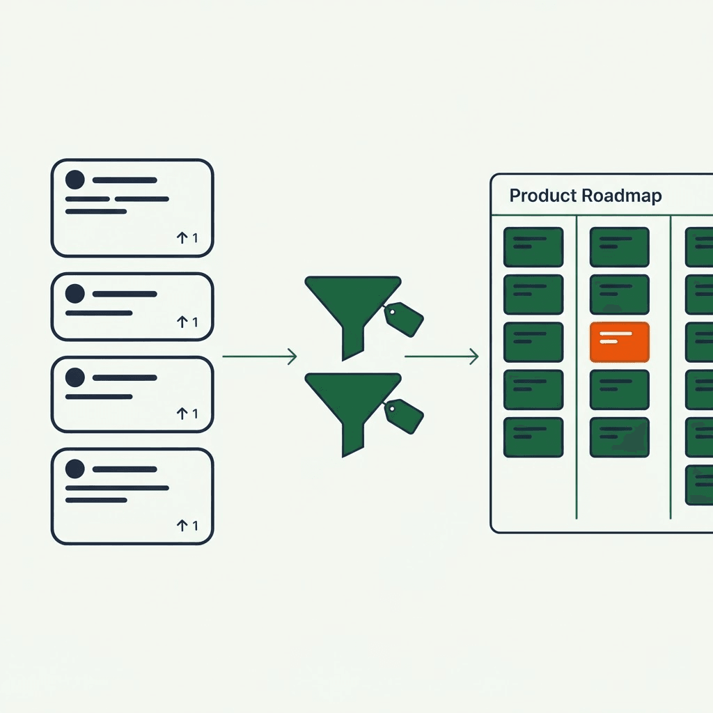 Reddit threads on the left feeding a scoring and tagging pipeline that groups signals into themes, with the highest-scoring theme highlighted in orange as it lands on a product roadmap column