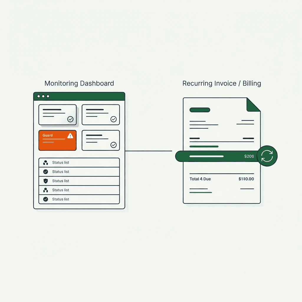 A monitoring dashboard connected to a recurring agency invoice with a highlighted line item and a monthly recurring-revenue cycle arrow