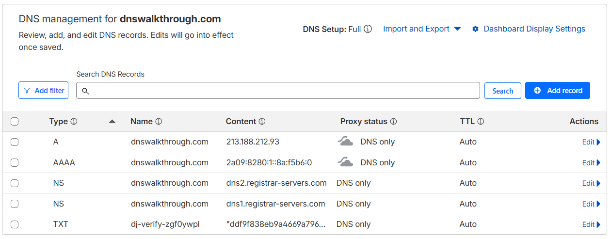 Cloudflare DNS showing grey DNS Only status