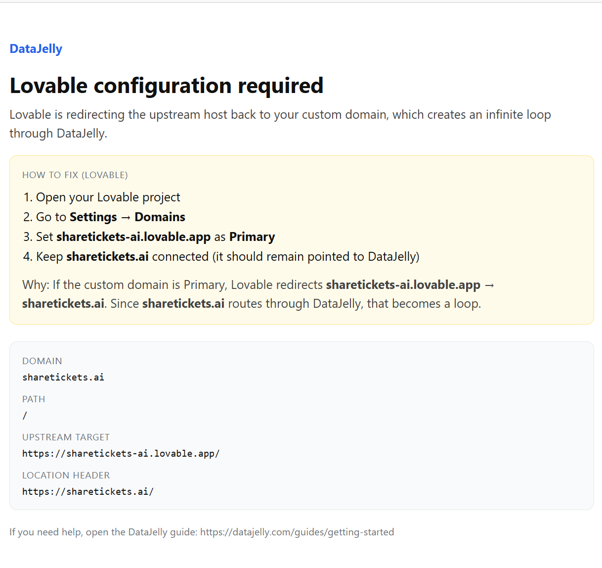 Error page shown when custom domain is incorrectly added back to Lovable
