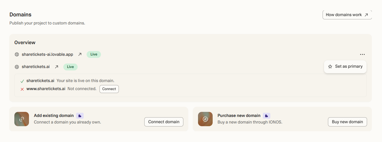 Lovable domains settings showing only the .lovable.app domain