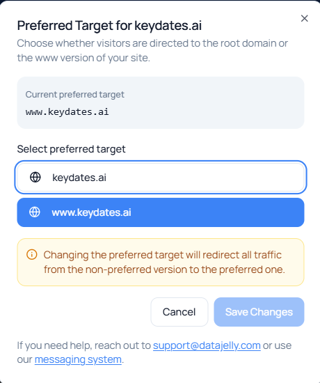 DataJelly domain redirect settings - Preferred Target selector showing apex and www domain options with 308 redirect configuration