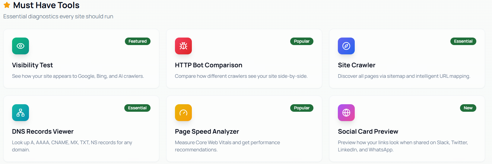 DataJelly SEO Tools - Must Have Tools section showing Visibility Test, HTTP Bot Comparison, Site Crawler, DNS Records Viewer, Page Speed Analyzer, and Social Card Preview