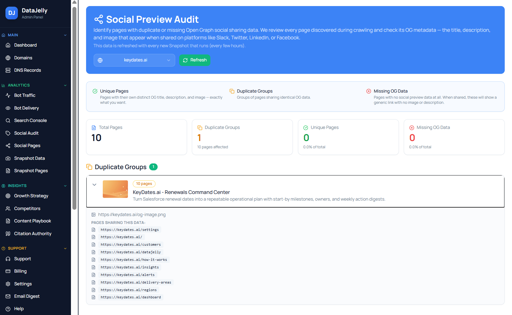 DataJelly Social Preview Audit dashboard showing unique pages, duplicate groups, and missing OG data analysis