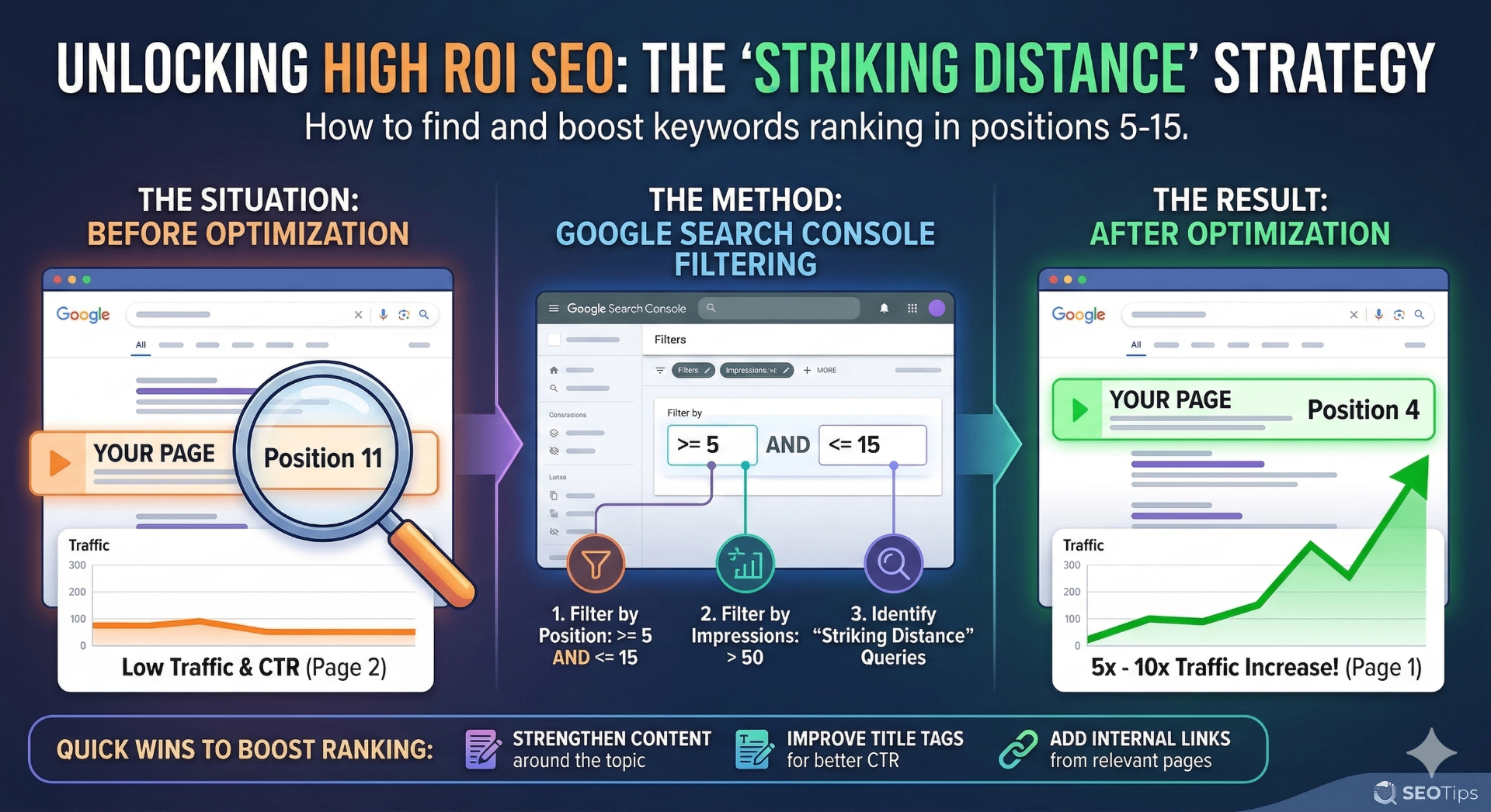 Striking Distance SEO strategy: find keywords ranking positions 5-15 in Google Search Console, optimize, and boost to page 1 for 5-10x traffic increase