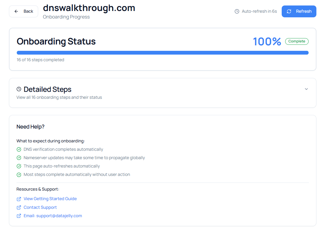 DataJelly onboarding complete screen showing 100% status and all steps verified