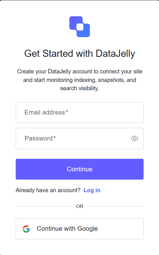 DataJelly account creation screen showing email and password signup form