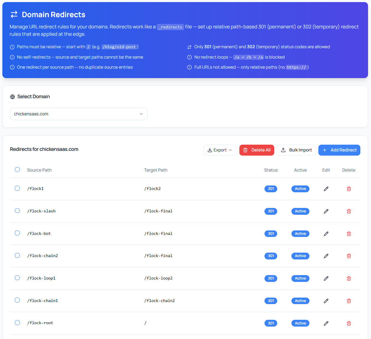 DataJelly redirect management dashboard showing domain redirects with source paths, target paths, status codes, and active states